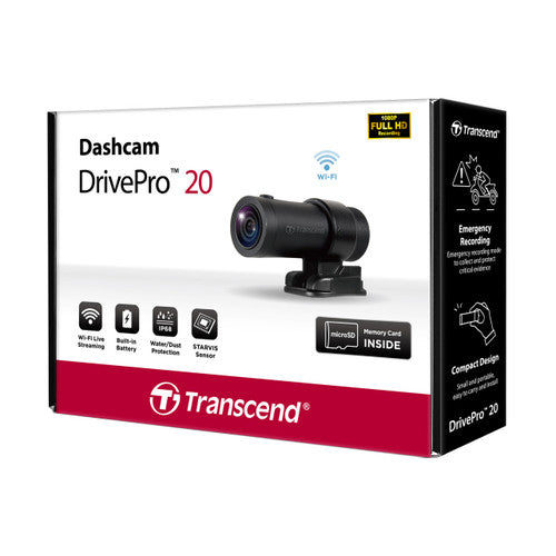 Transcend 64GB Drive Pro 20 Motorcycle Dashcam, 1080P Full HD, Built-in Wi-Fi Transcend 64GB Drive Pro 20 Motorcycle Dashcam, 1080P Full HD, Built-in Wi-Fi